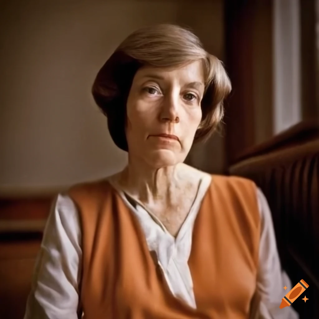 Professional portrait of a stern female Middle Aged Librarian in 1970s New York