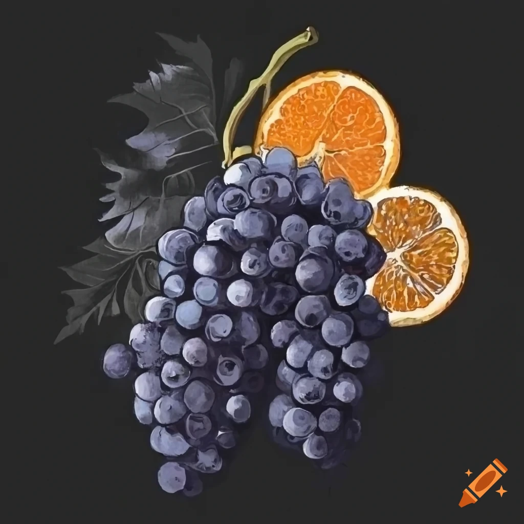Grapes and oranges in black and white drawing