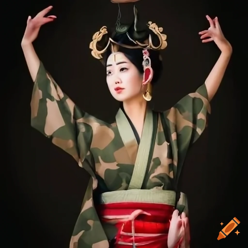 Woman with Shiva arms Japanese dancer in camouflage kimono