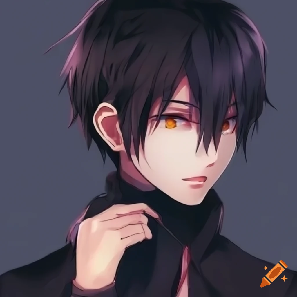 Handsome anime boy with black hair and glowing amber eyes on Craiyon