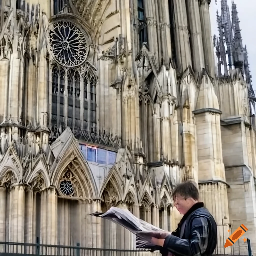 Man reading L'Union newspaper in front of Reims Cathedral