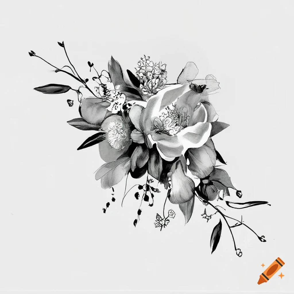 Elegant greenery and flowers in black and white line art for a wedding