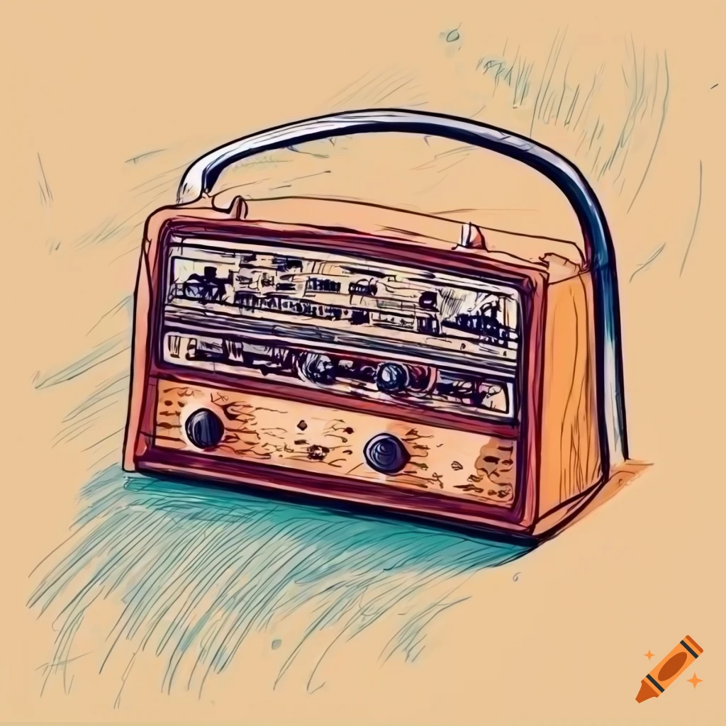 Detailed sketch of an antique radio and guitar pedals on a table on Craiyon