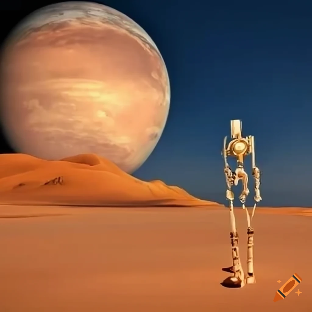 Battle droid in a cold desert with planet view