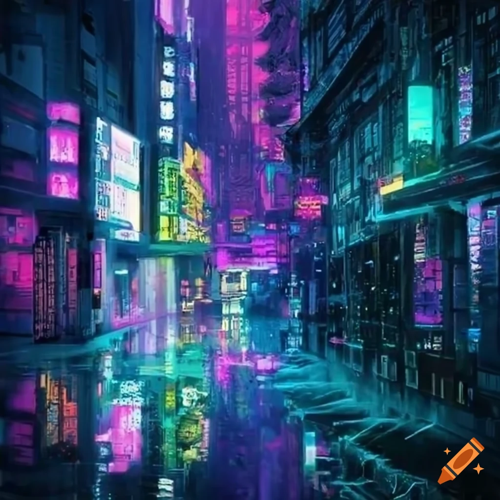 Multi-colored cyberpunk city after rain
