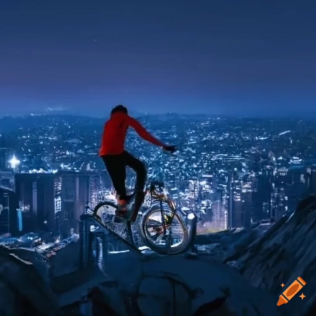 Man on mountain bike jumping with city lights at night in the background