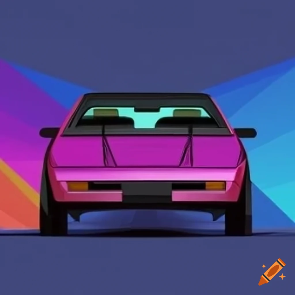 Pontiac Fiero GT from front, side, and back with rainbow grid background