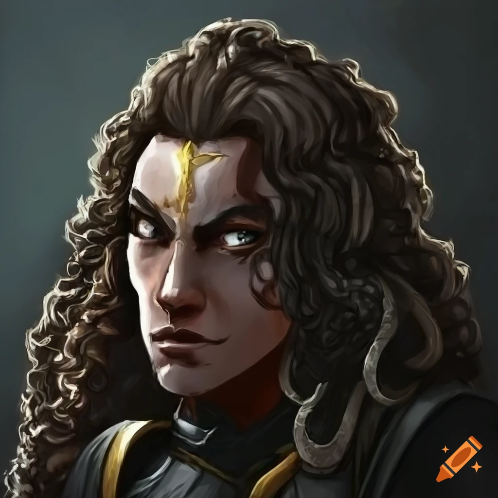 Paladin knight in black armor with long curly hair and brown eyes on ...
