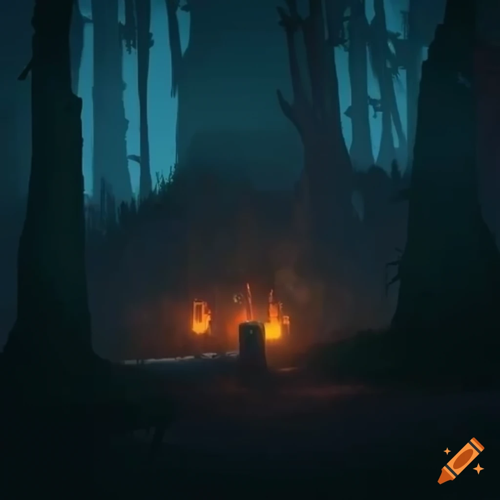 Forest village at night in Rust video game style