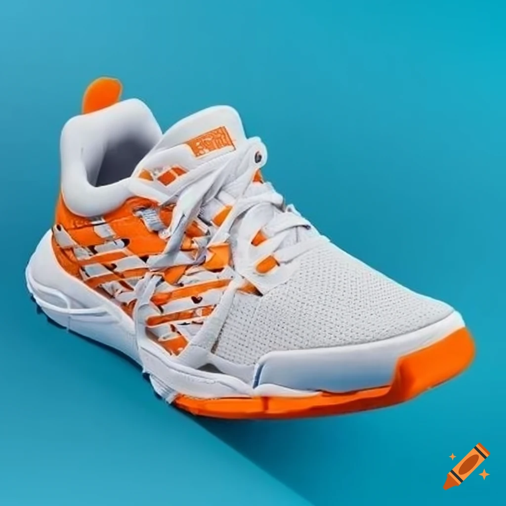 Orange and white tennis shoe with geometric pattern and rubber sole