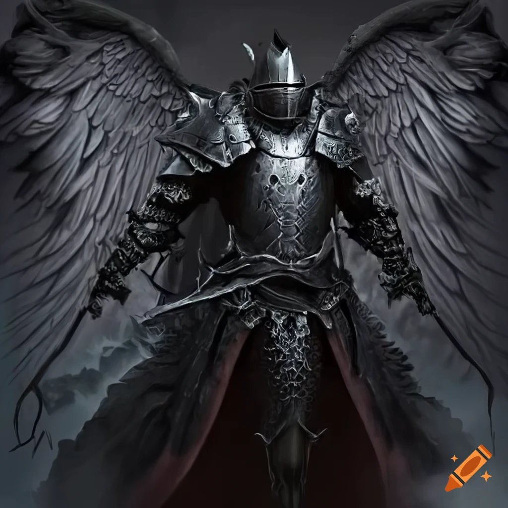 Dark fantasy knight with intricate armor and misty wings