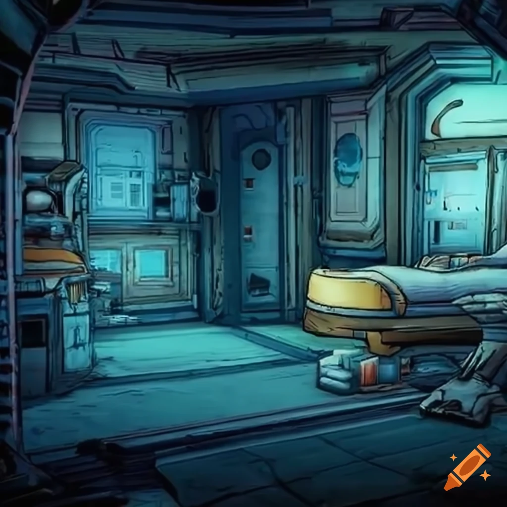 Retro-futuristic hospital ER setting from Borderlands game franchise