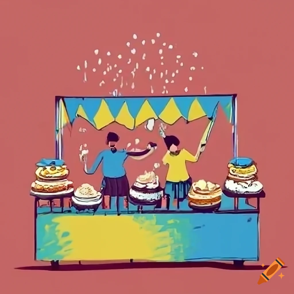 Happy people selling cakes at an indoor fundraiser music charity festival