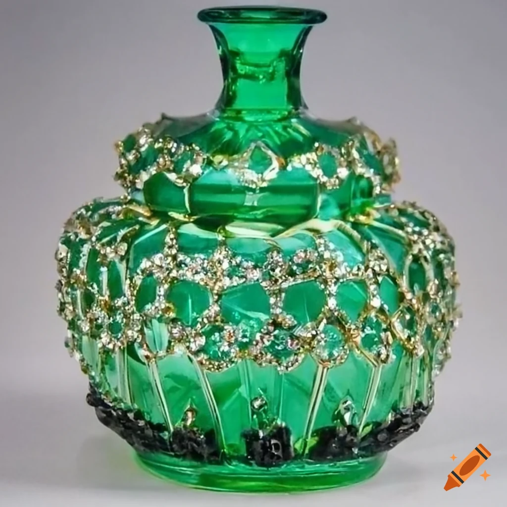 Emerald glass vase with gold diamonds in a product photo