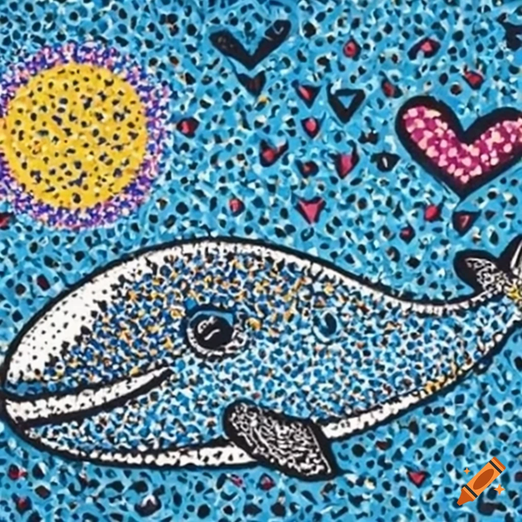 Whale surrounded by hearts and bubbles in a pointillism style by Greg Rutkowski