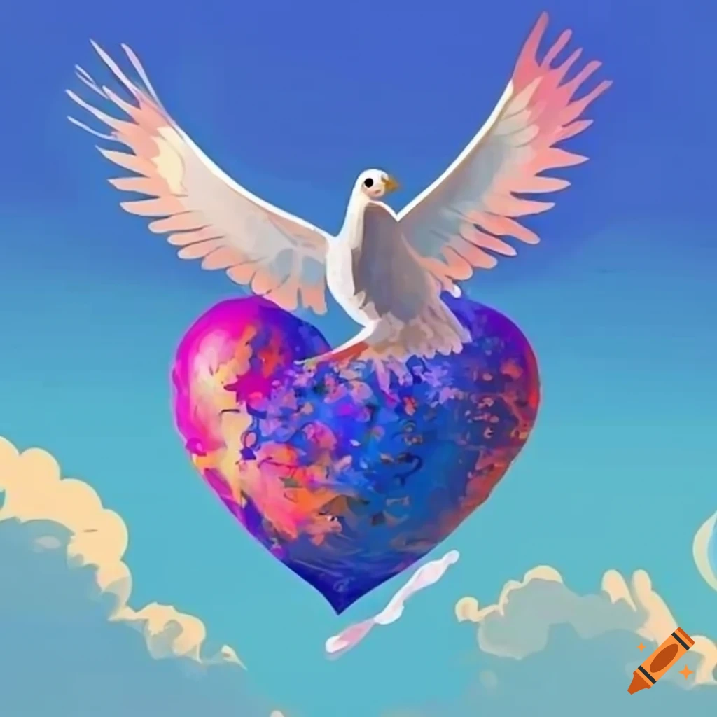 Cartoon heart and joyful dove in a vibrant sky