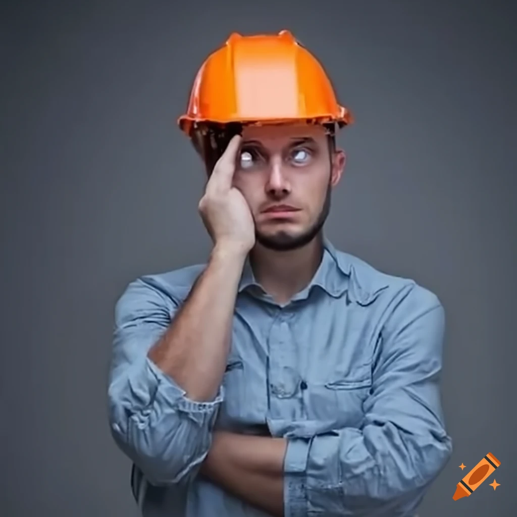 Male engineer in hard hat looking thoughtful on Craiyon