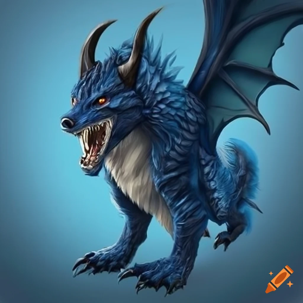 Blue-furred creature with features of both dragon and wolf