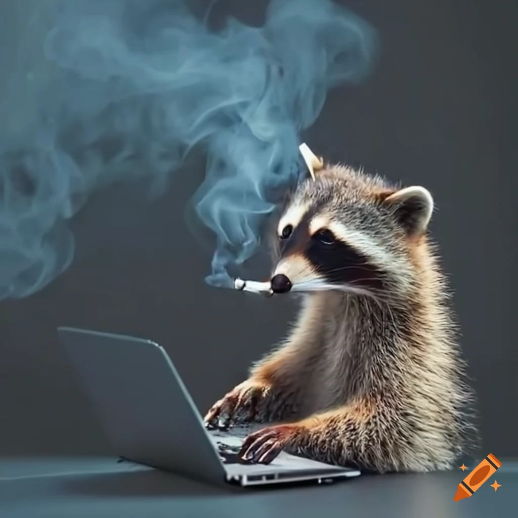 Derpy raccoon coding on a laptop with cigarette smoke around