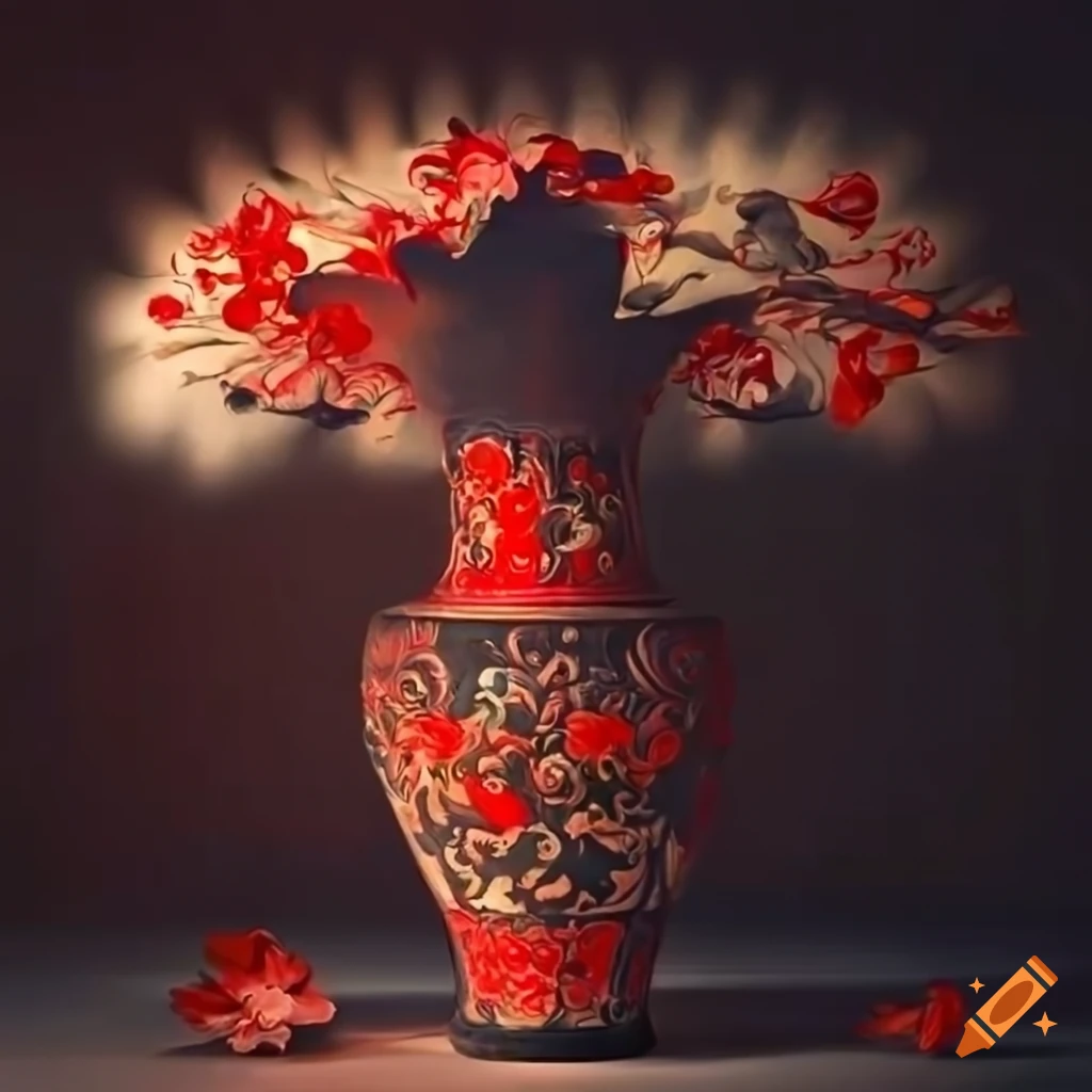 Ornate red and black Chinese vase with radiant flowers in artistic light