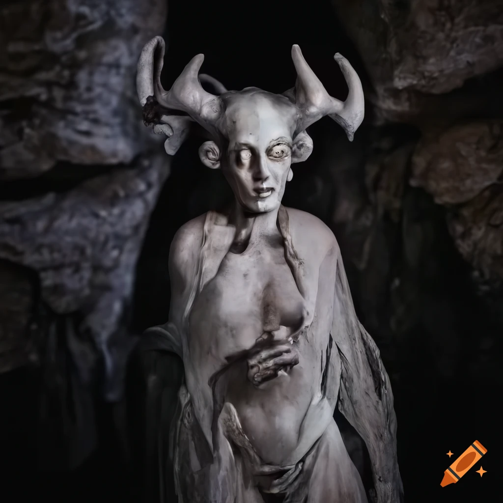 Ancient statue of an inhuman humanoid with claws, fur, horns, and wings