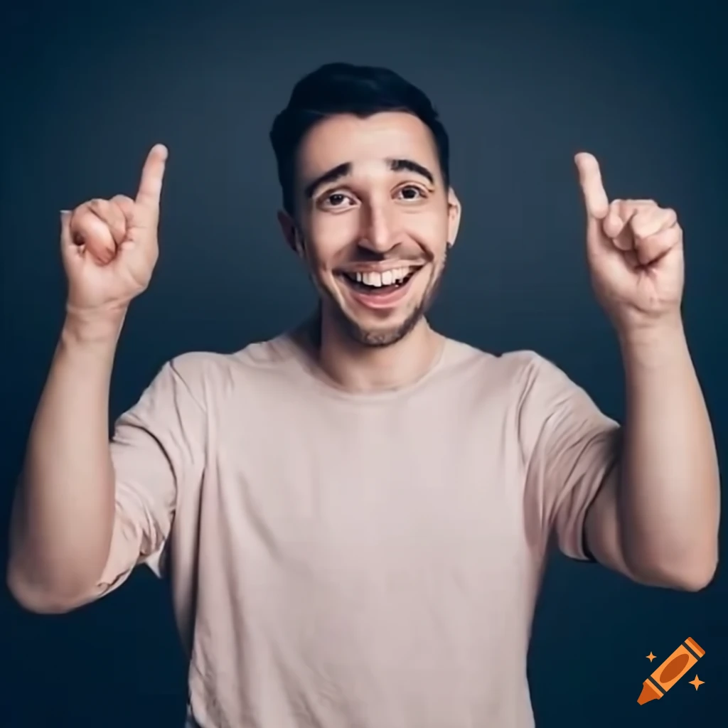 Excited man with raised arms pointing up