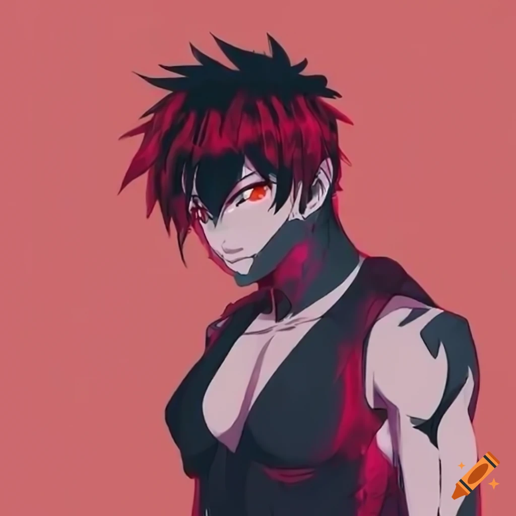 Vibrant anime character with unique red skin and black hair on Craiyon