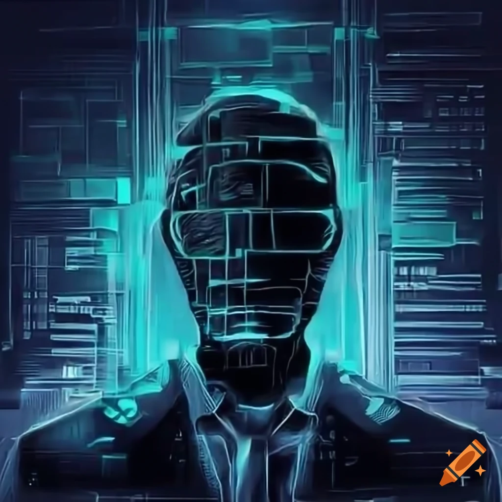 Futuristic AI trader trading bitcoin in a dark-themed office on Craiyon