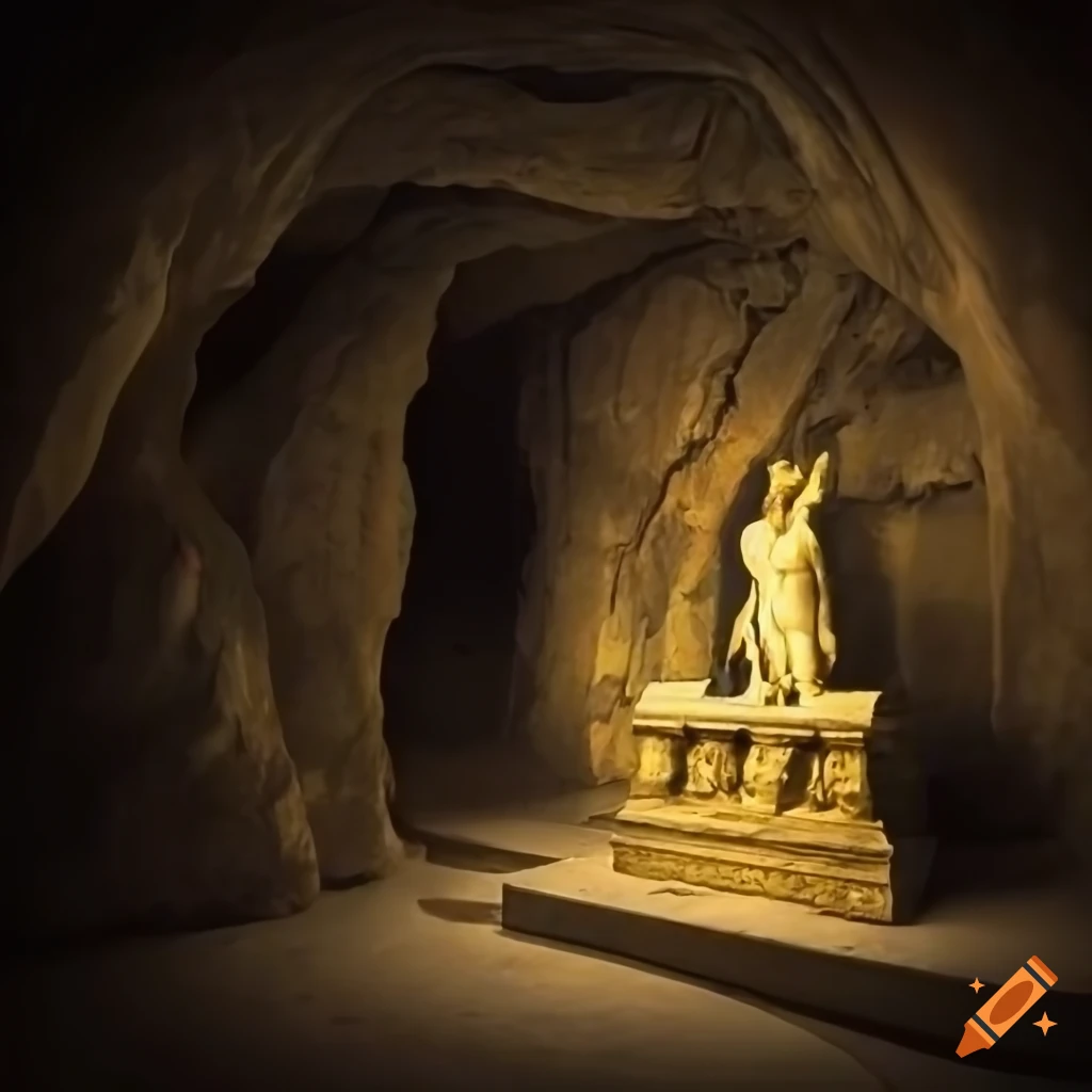 Ancient statue next to a golden chest in a dark cave on Craiyon