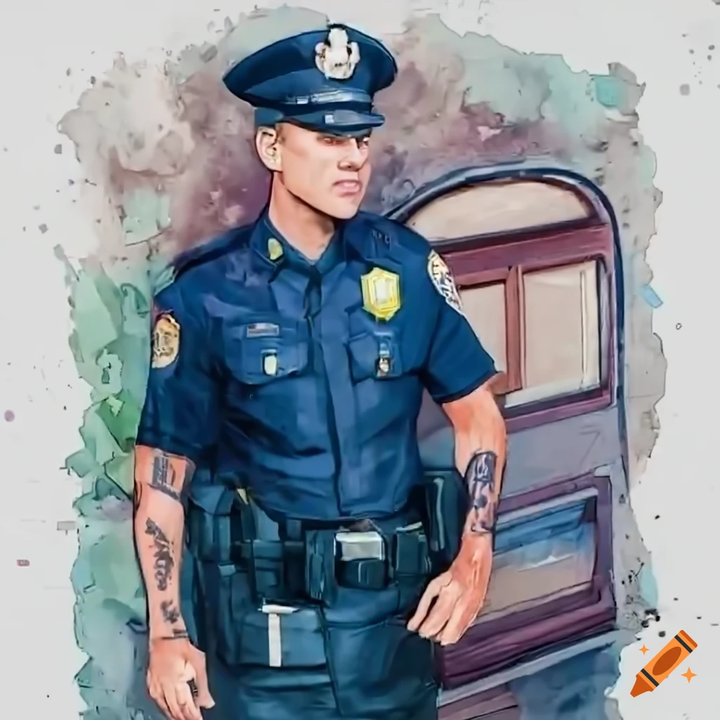 Young man in police shirt and black leather trousers standing in a caravan doorway