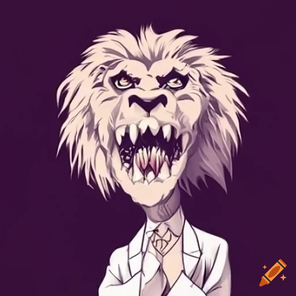 Black and white drawing of a mad scientist in a lab with a lion head