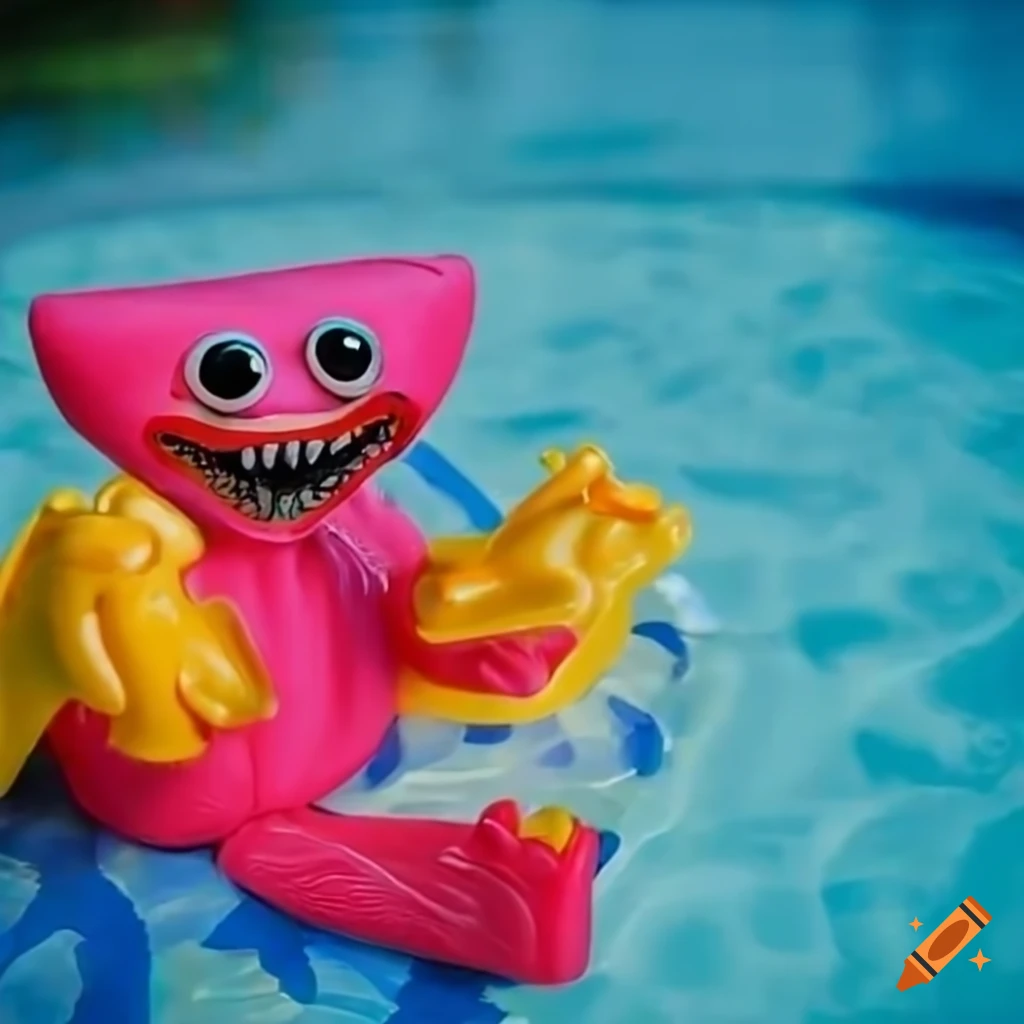 Oversized Huggy Wuggy toy sunbathing by a blue swimming pool