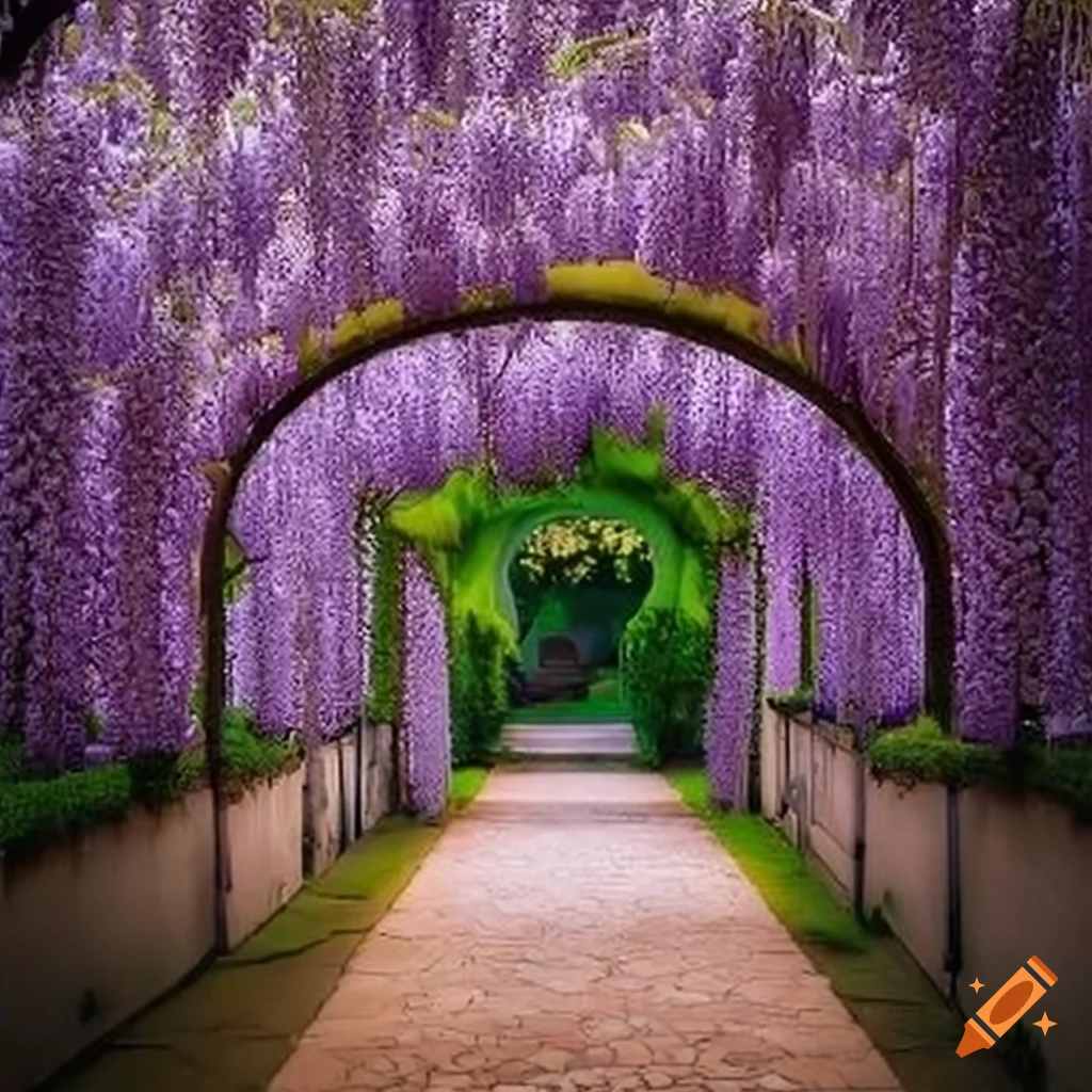 Charming Mediterranean garden with wisteria archway