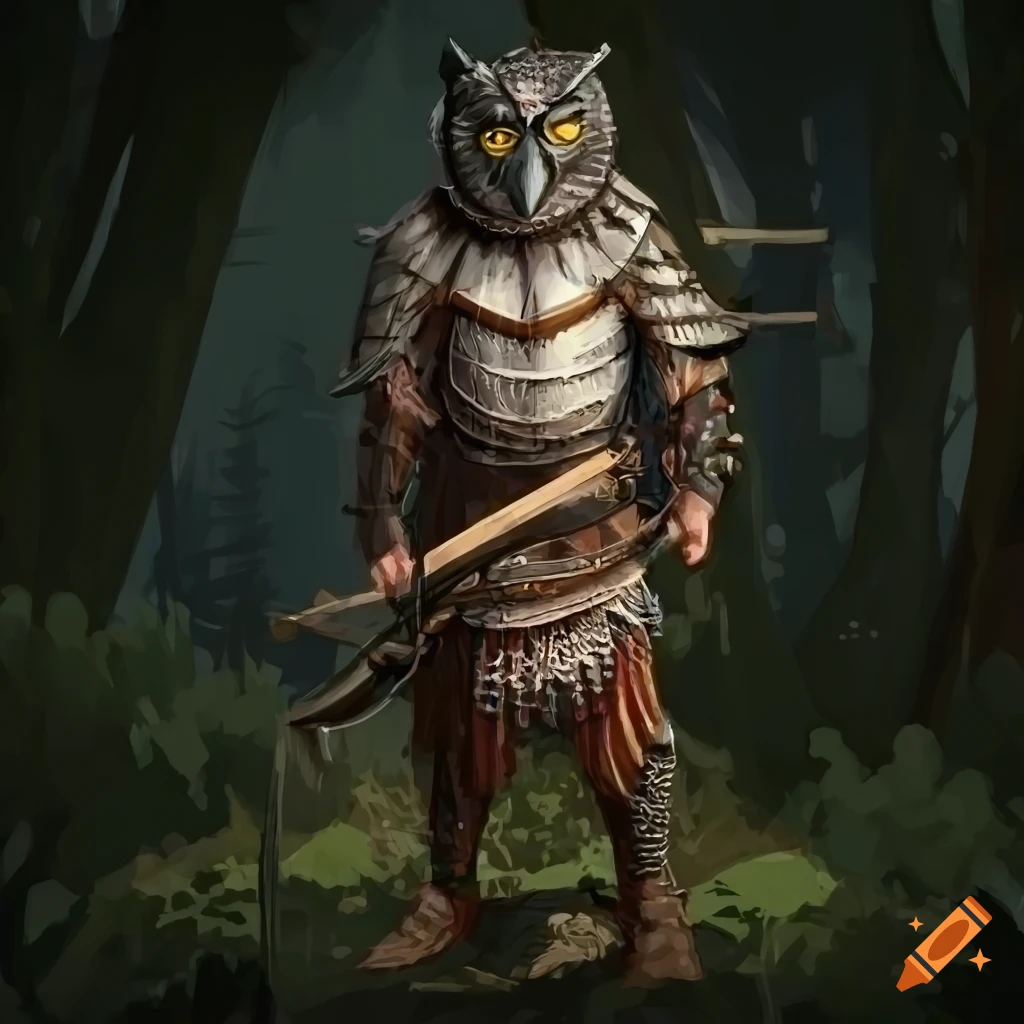 Enigmatic owl warrior in leather armor with a crossbow in a forest ...