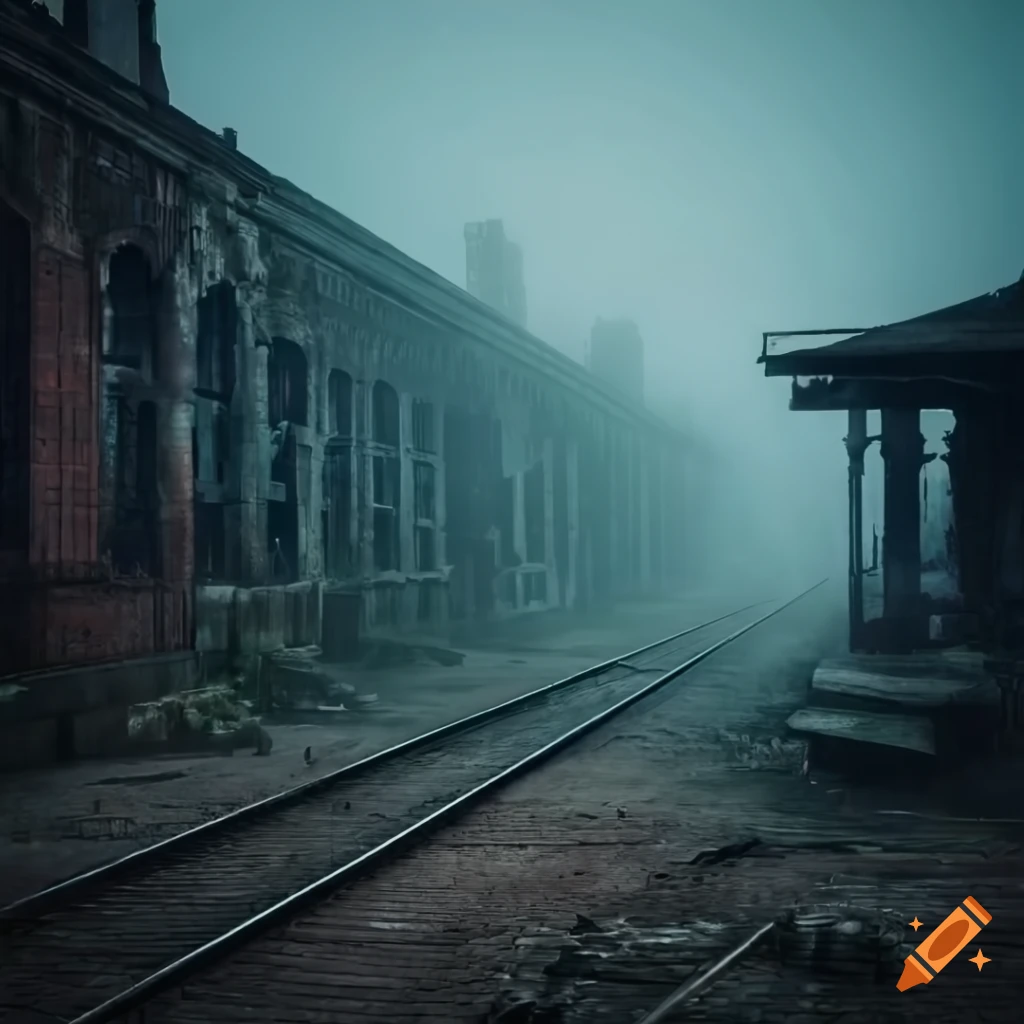 Ruins of a train station in misty surroundings