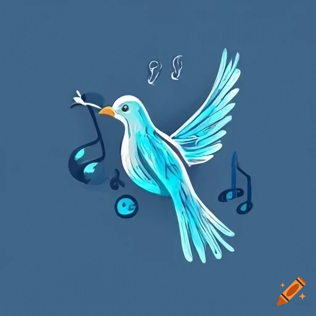 Stylized peace dove with a music instrument and peace logo in blue