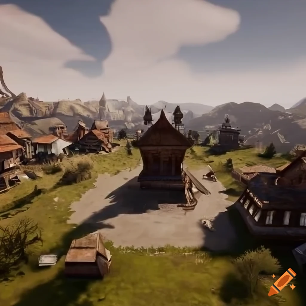 Aerial view of a futuristic town square with sci-fi elements and savanna surroundings