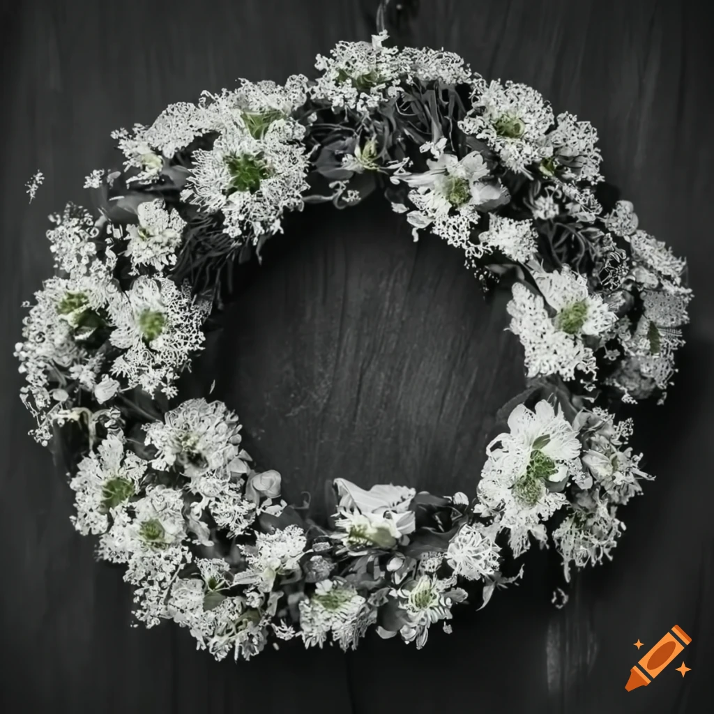 Funeral flower crown with cicuta flowers in black and white