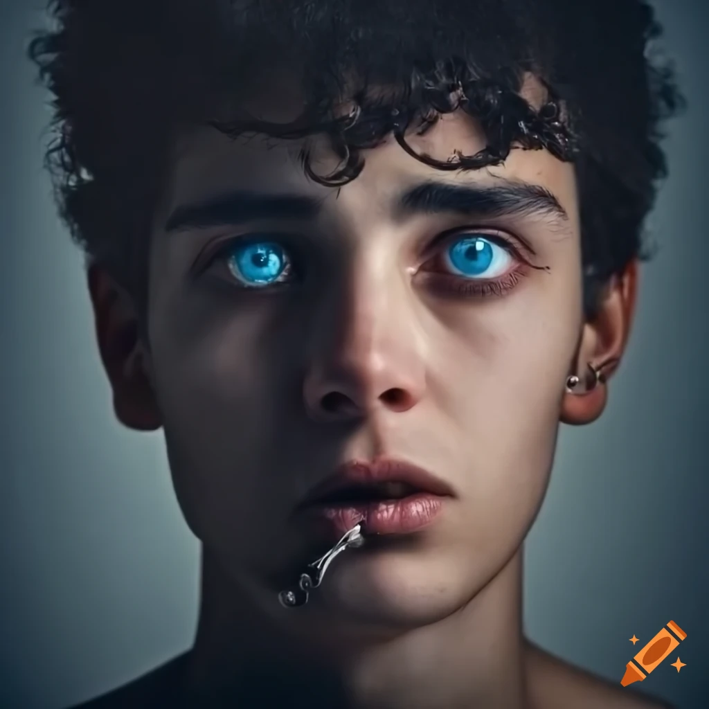 Portrait of a young man with wavy black hair and piercing blue eyes on ...