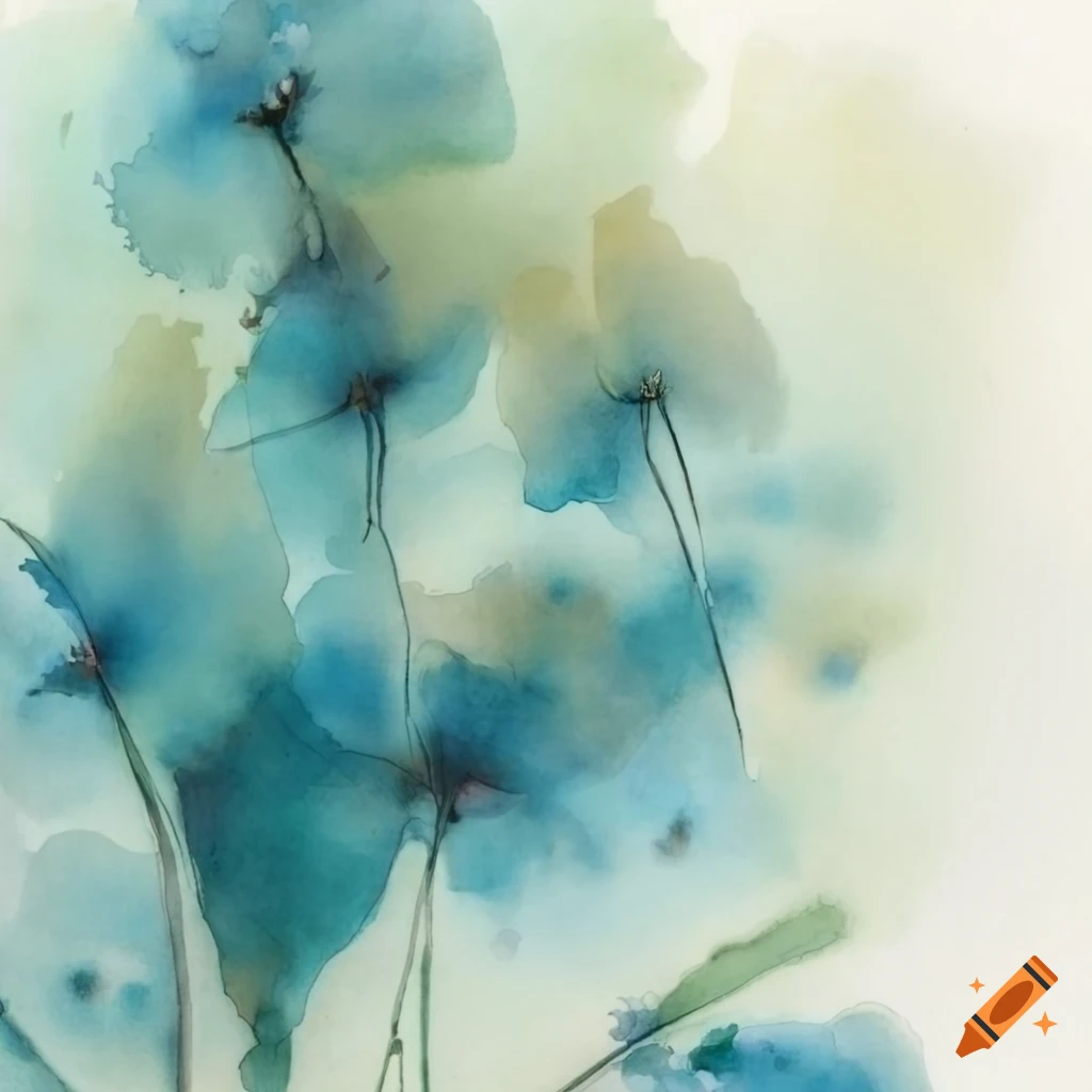 Nostalgic watercolor painting of pressed flowers in shades of green and blue