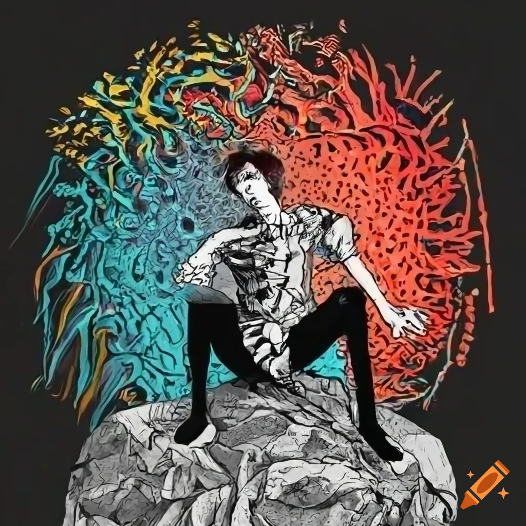 Red-haired guy dreaming on a rock in a colorful fantasy setting