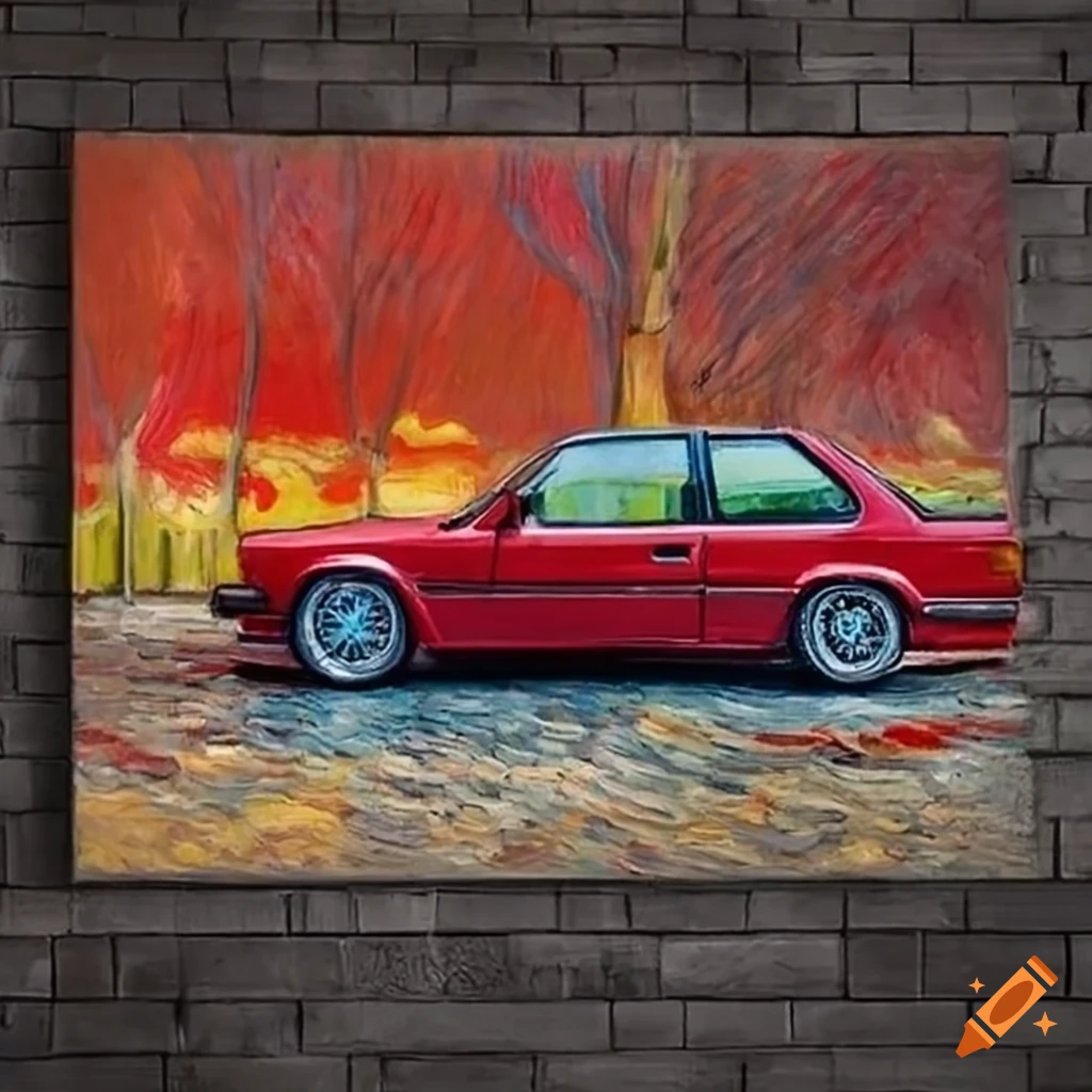 Van gogh painting of a red bmw e30 two door on Craiyon