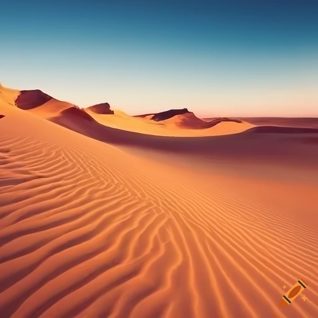 Dunes of the Sahara desert under a clear blue sky in landscape format ...