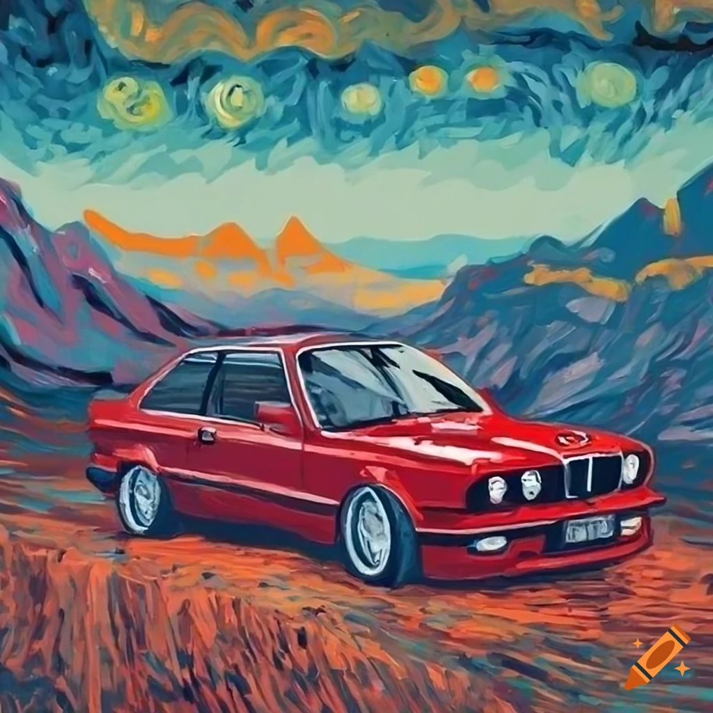 Red bmw e30 in van gogh style with mountains in the background on Craiyon