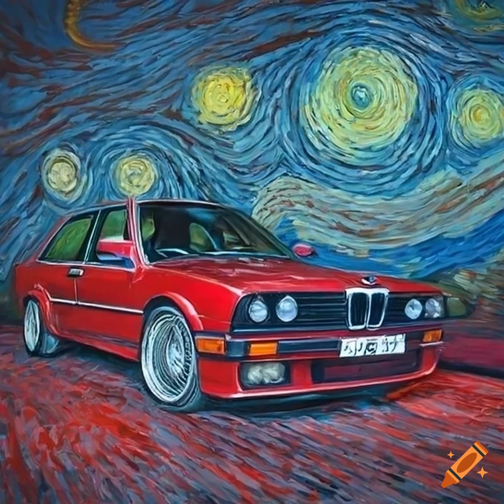 Night-time van gogh-inspired painting of a classic red bmw e30 coupe on ...