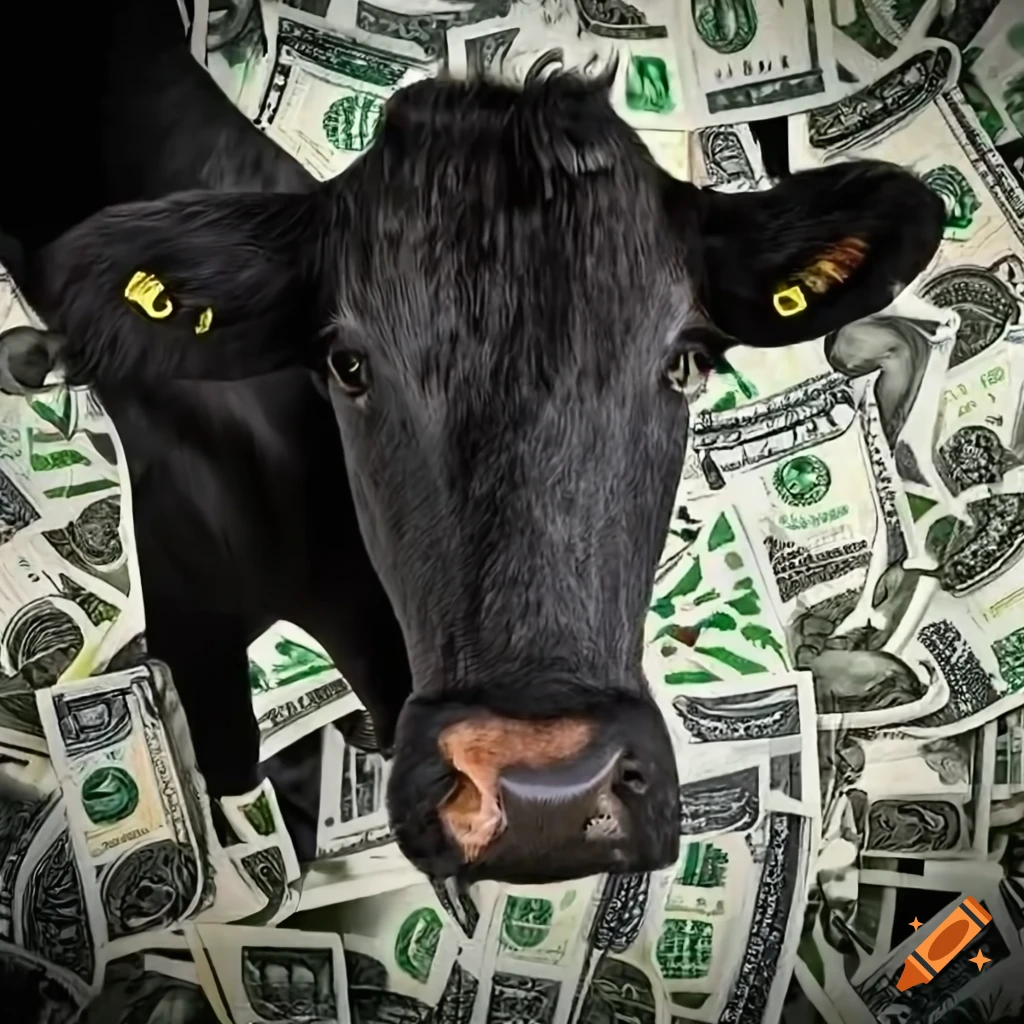Black cow standing with million dollar bills in the background