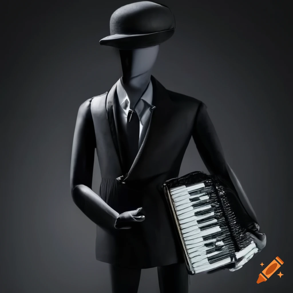 Mannequin in black suit with bowler hat playing accordion next to gramophone speaker