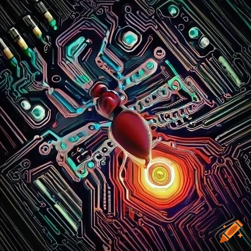 Robotic ant exploring detailed circuit board with resistors on Craiyon