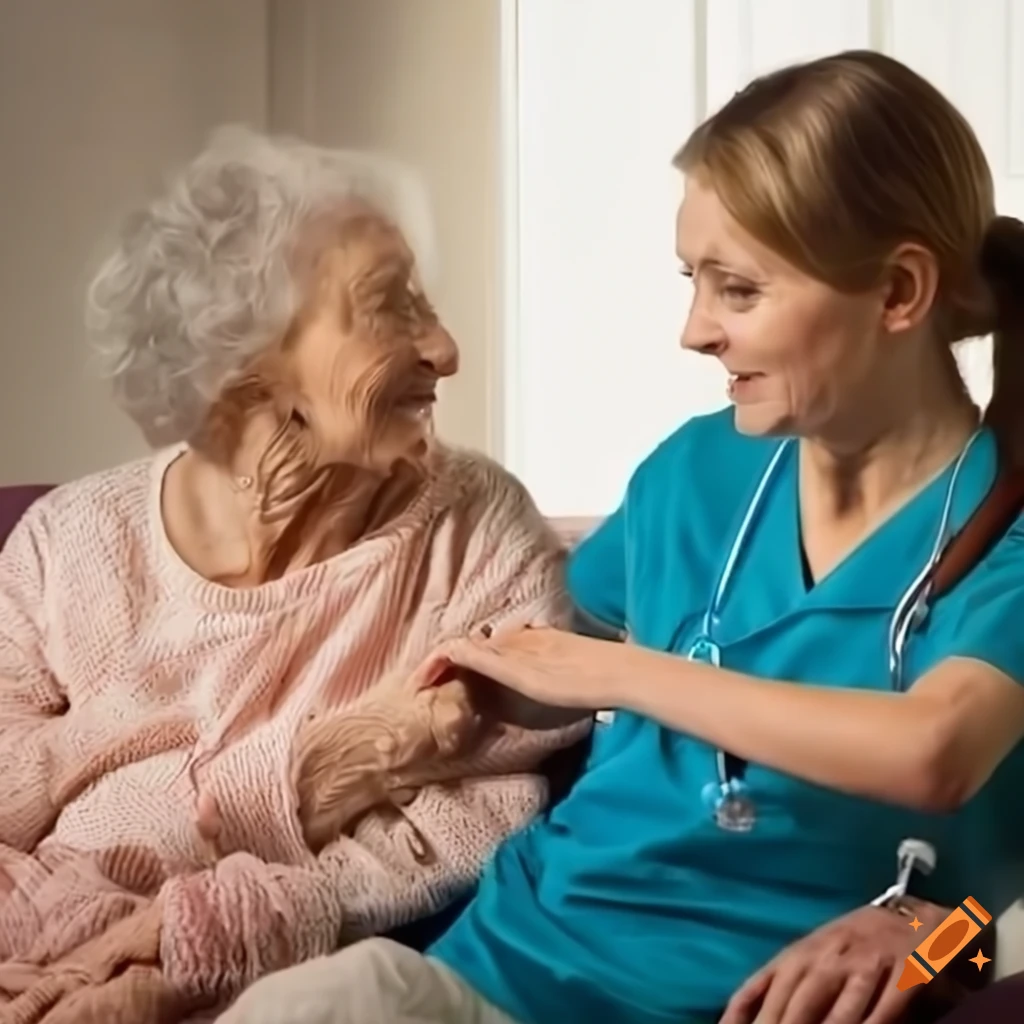 Nurse caring for elderly patient in a warm living room setting
