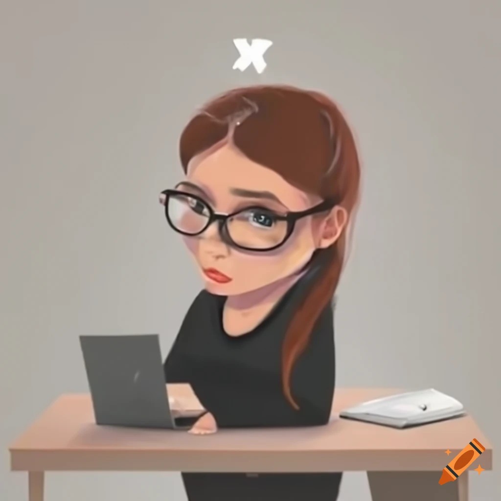 Stressed female office worker in black sweater working on computer